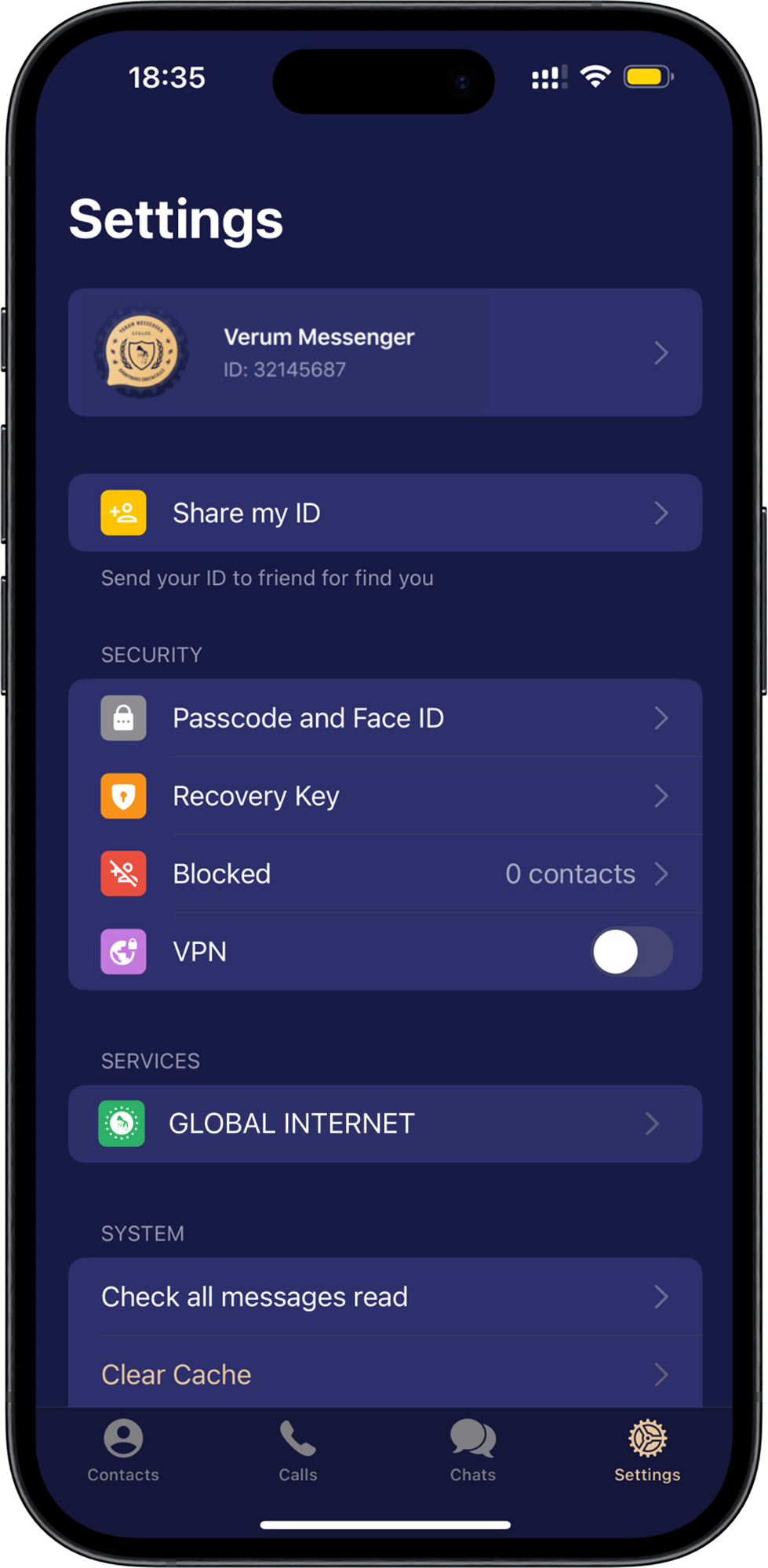 Verum Messenger — Security Settings